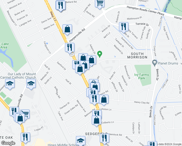 map of restaurants, bars, coffee shops, grocery stores, and more near 300 Tricia Lane in Newport News