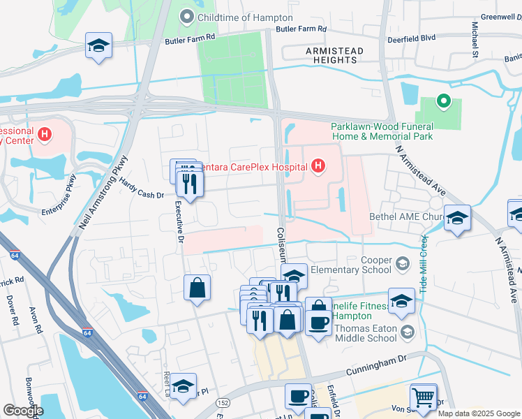 map of restaurants, bars, coffee shops, grocery stores, and more near 1301 Peabody Drive in Hampton