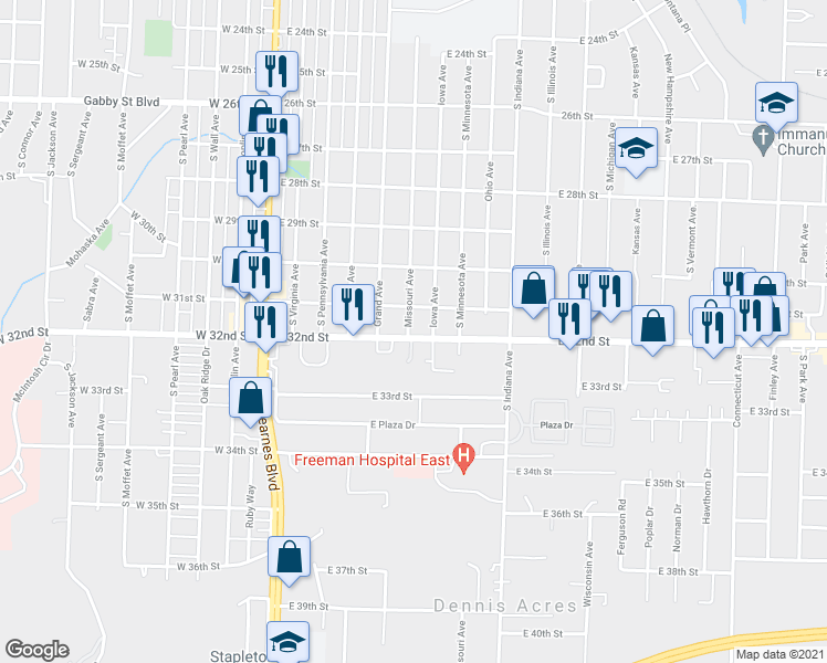 map of restaurants, bars, coffee shops, grocery stores, and more near 3125 Missouri Avenue in Joplin