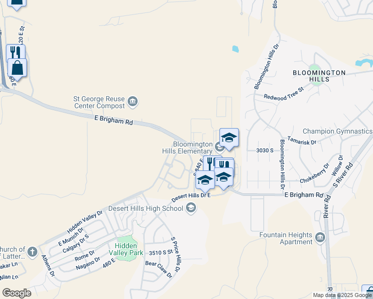 map of restaurants, bars, coffee shops, grocery stores, and more near 3155 South Hidden Valley Drive in St. George