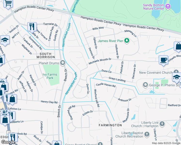 map of restaurants, bars, coffee shops, grocery stores, and more near 136 Dunn Circle in Hampton