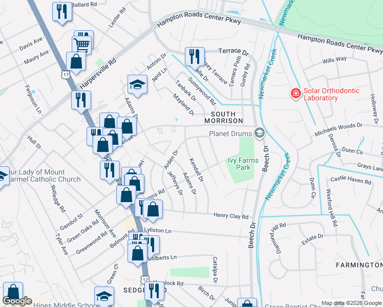 map of restaurants, bars, coffee shops, grocery stores, and more near 90 Kendall Drive in Newport News