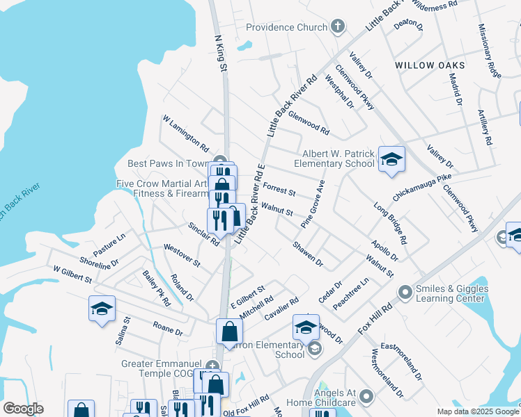 map of restaurants, bars, coffee shops, grocery stores, and more near 104 Walnut Street in Hampton