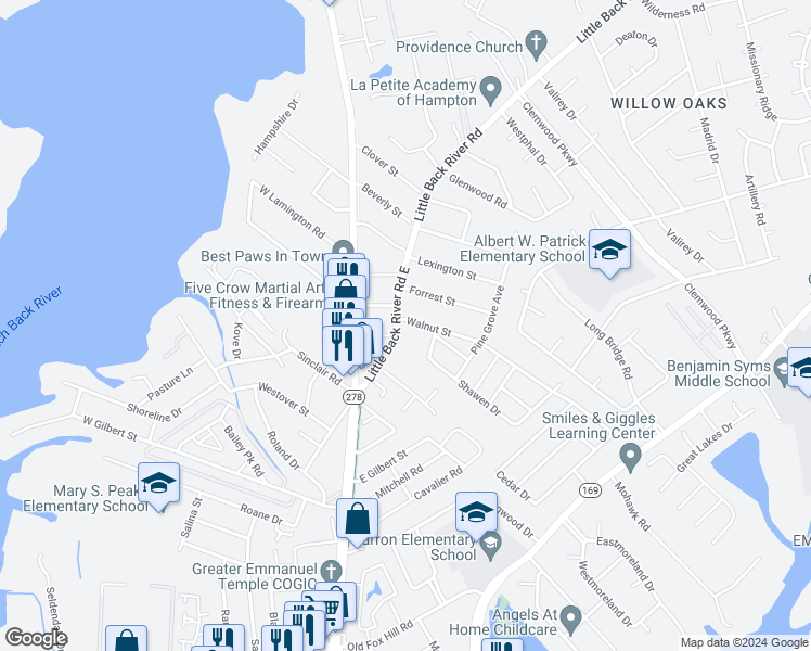 map of restaurants, bars, coffee shops, grocery stores, and more near 104 Walnut Street in Hampton