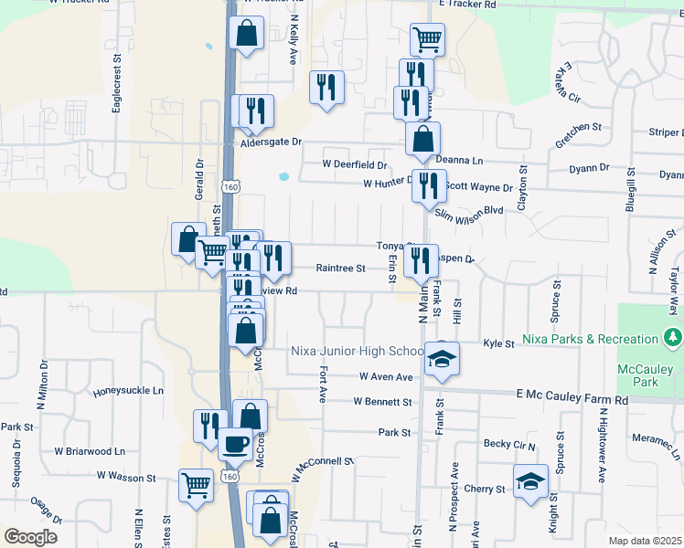 map of restaurants, bars, coffee shops, grocery stores, and more near 713 North Delaware Avenue in Nixa