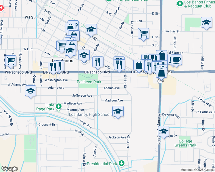 map of restaurants, bars, coffee shops, grocery stores, and more near 938 Adams Avenue in Los Banos