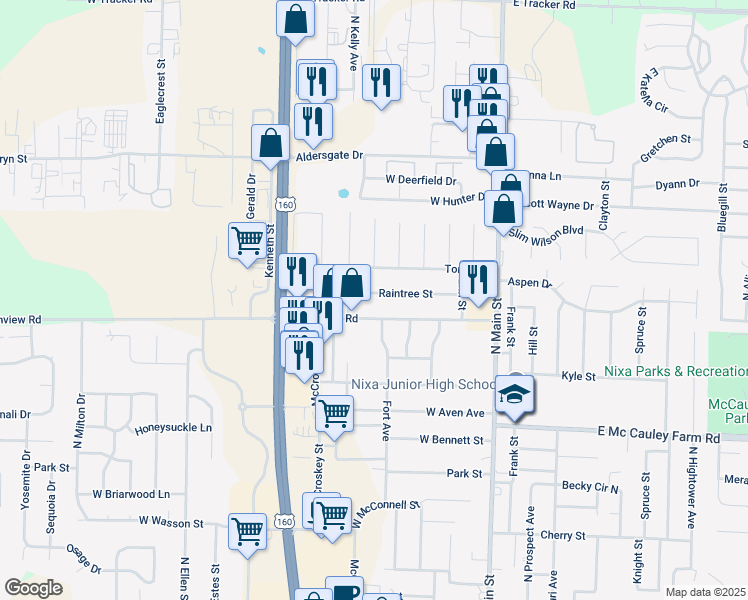 map of restaurants, bars, coffee shops, grocery stores, and more near 308 Tonya Street in Nixa