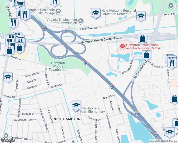 map of restaurants, bars, coffee shops, grocery stores, and more near 2 Madrone Place in Hampton