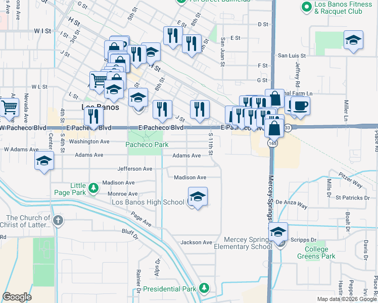 map of restaurants, bars, coffee shops, grocery stores, and more near 1321 South 10th Street in Los Banos