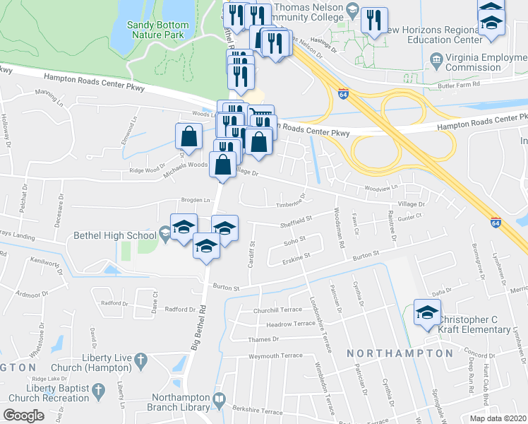 map of restaurants, bars, coffee shops, grocery stores, and more near 29 Timberline Drive in Hampton