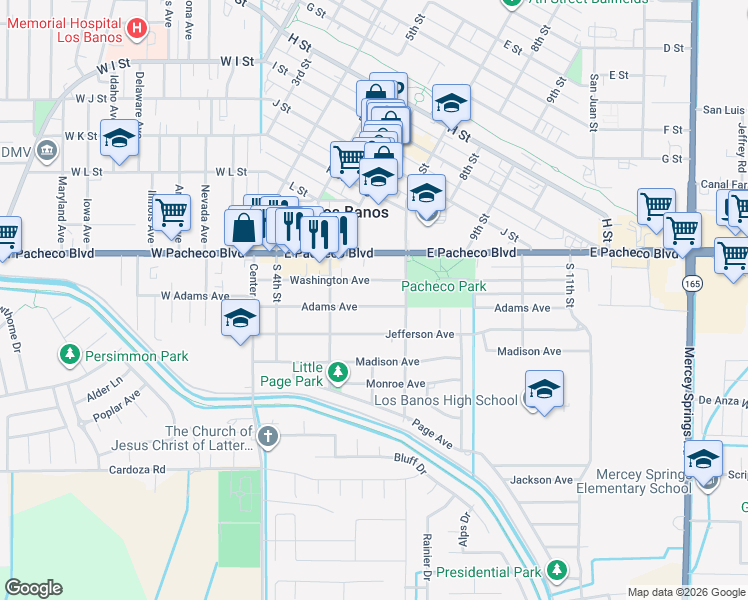 map of restaurants, bars, coffee shops, grocery stores, and more near 642 Adams Avenue in Los Banos