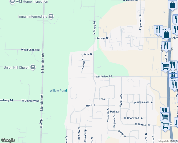 map of restaurants, bars, coffee shops, grocery stores, and more near 24-1126 Brom Bones Court in Nixa