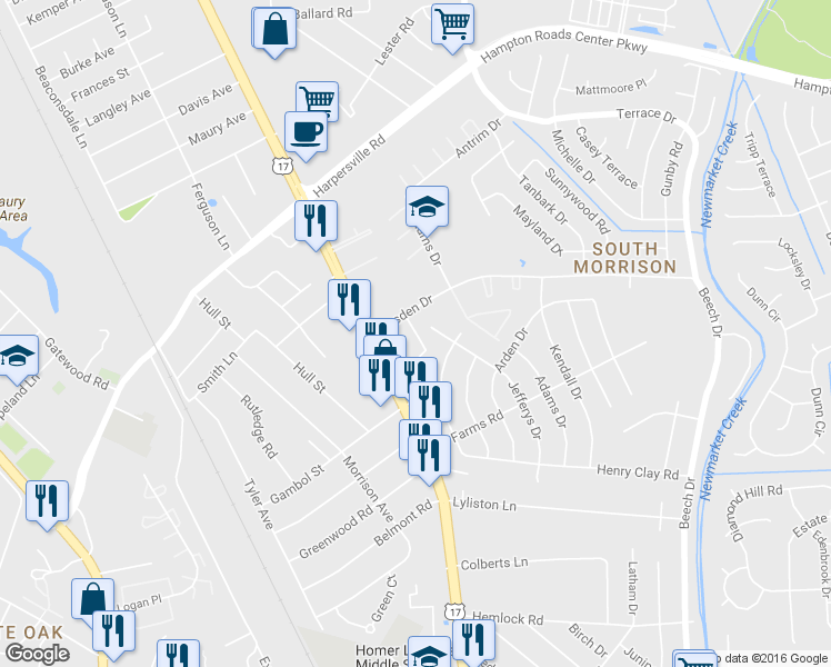 map of restaurants, bars, coffee shops, grocery stores, and more near 201 Tricia Lane in Newport News