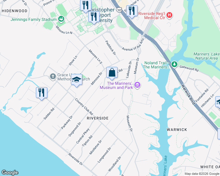 map of restaurants, bars, coffee shops, grocery stores, and more near 87 Lakeside Drive in Newport News