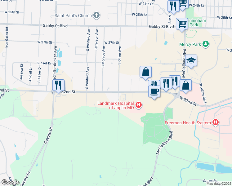 map of restaurants, bars, coffee shops, grocery stores, and more near 3134 South Oliver Avenue in Joplin
