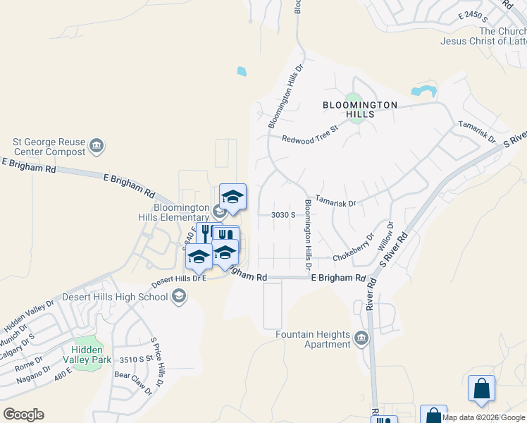 map of restaurants, bars, coffee shops, grocery stores, and more near 1021 East Elm Circle in St. George