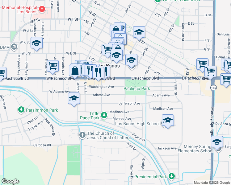 map of restaurants, bars, coffee shops, grocery stores, and more near 642 Adams Avenue in Los Banos