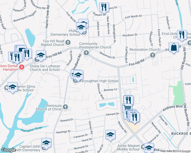 map of restaurants, bars, coffee shops, grocery stores, and more near 5 Burwick Court in Hampton