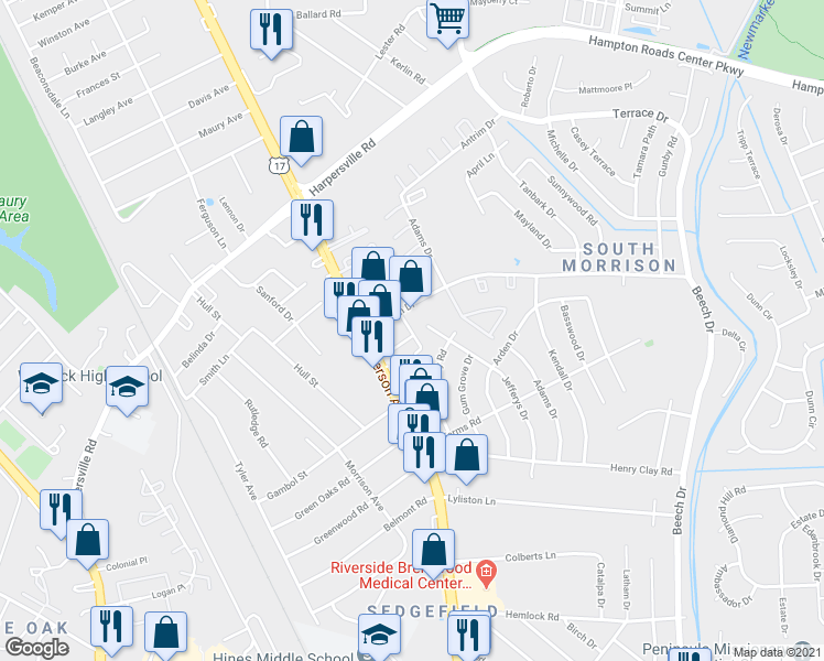 map of restaurants, bars, coffee shops, grocery stores, and more near 201 Tricia Lane in Newport News