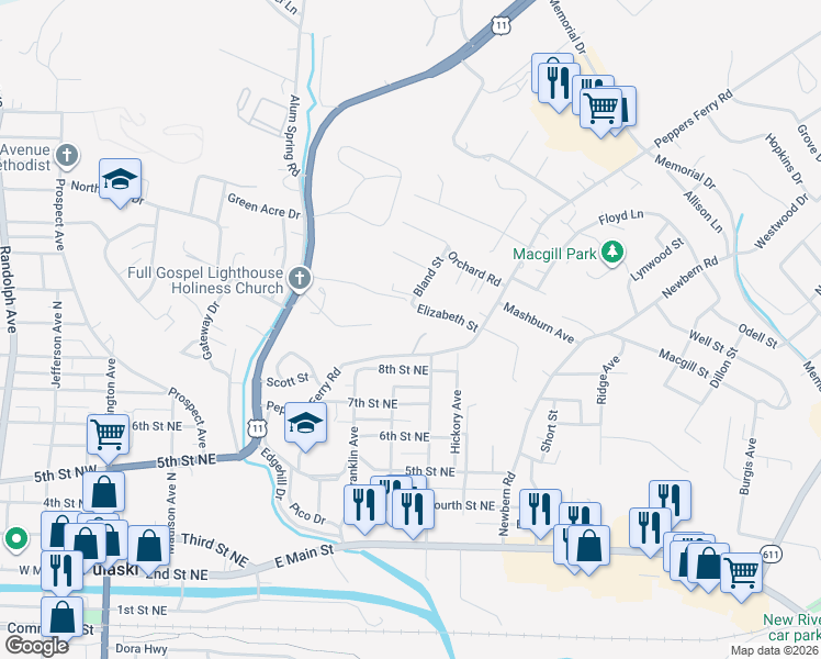 map of restaurants, bars, coffee shops, grocery stores, and more near 713 Elizabeth St in Pulaski