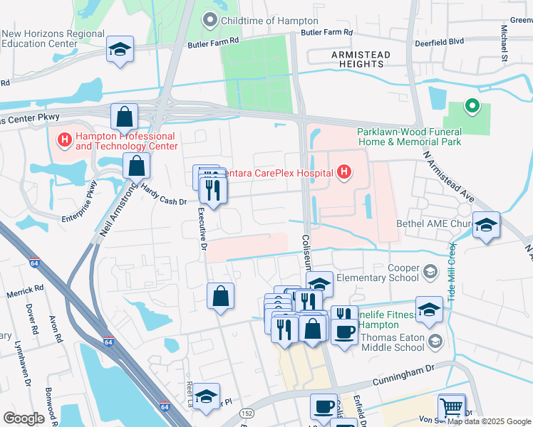 map of restaurants, bars, coffee shops, grocery stores, and more near 1313 Hardy Cash Drive in Hampton