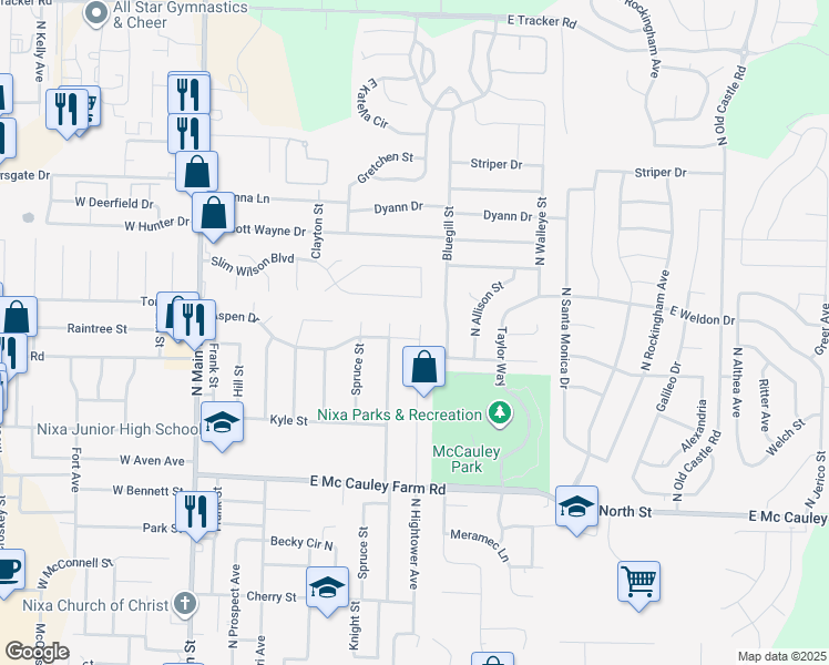map of restaurants, bars, coffee shops, grocery stores, and more near 806 Hillcrest Circle in Nixa