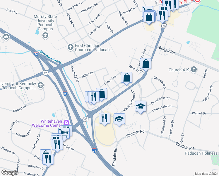map of restaurants, bars, coffee shops, grocery stores, and more near 298 Birch Street in Paducah