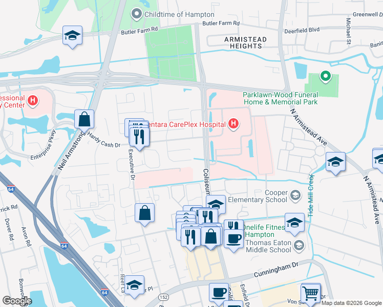 map of restaurants, bars, coffee shops, grocery stores, and more near 1300 Vanasse Court in Hampton