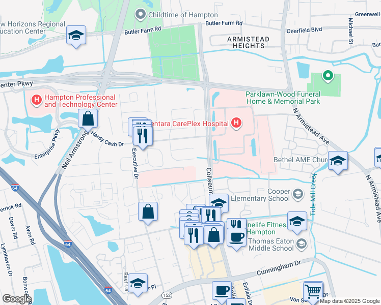 map of restaurants, bars, coffee shops, grocery stores, and more near 1311 Vanasse Court in Hampton