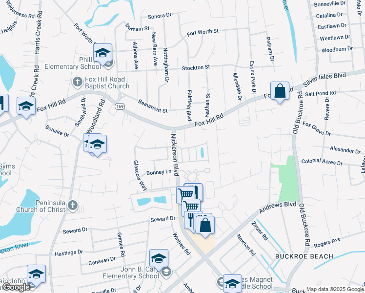 map of restaurants, bars, coffee shops, grocery stores, and more near 11 Lavender Trce in Hampton