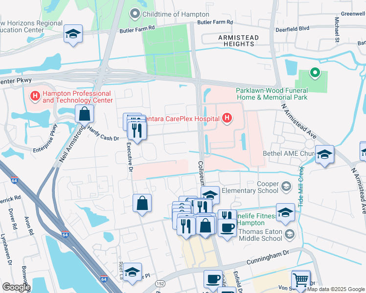 map of restaurants, bars, coffee shops, grocery stores, and more near 1311 Vanasse Court in Hampton