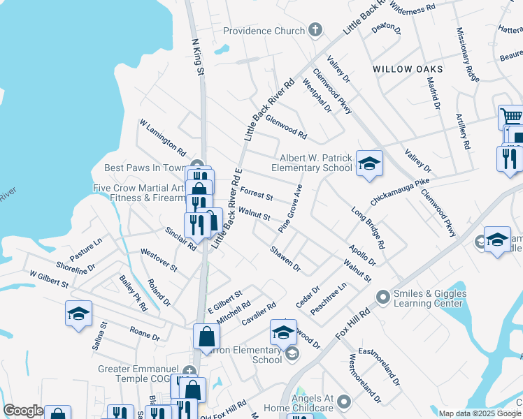 map of restaurants, bars, coffee shops, grocery stores, and more near 112 Forrest Street in Hampton