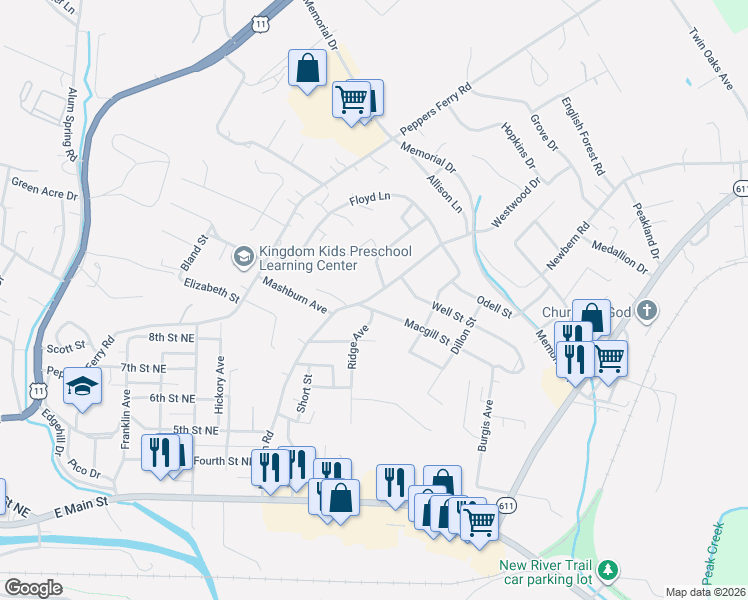 map of restaurants, bars, coffee shops, grocery stores, and more near 1017 Newbern Road in Pulaski
