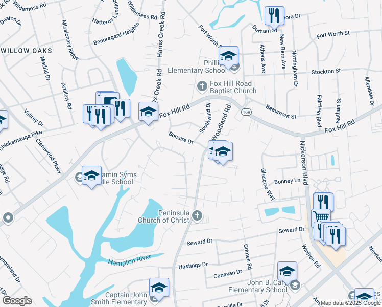 map of restaurants, bars, coffee shops, grocery stores, and more near 365 Hopemont Circle in Hampton