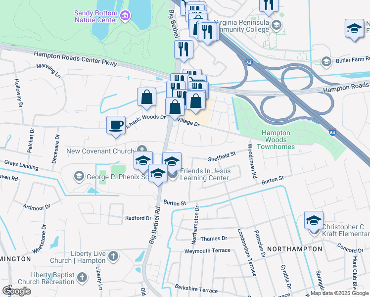map of restaurants, bars, coffee shops, grocery stores, and more near 41 Timberline Drive in Hampton