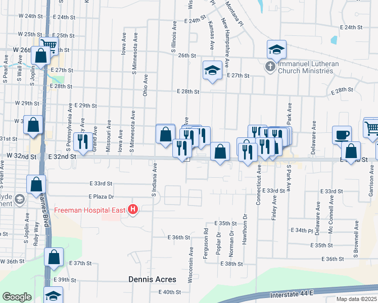 map of restaurants, bars, coffee shops, grocery stores, and more near 1201 East 32nd Street in Joplin