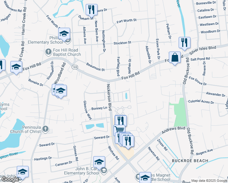 map of restaurants, bars, coffee shops, grocery stores, and more near 11 Lavender Trce in Hampton