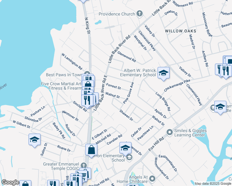 map of restaurants, bars, coffee shops, grocery stores, and more near 112 Forrest Street in Hampton