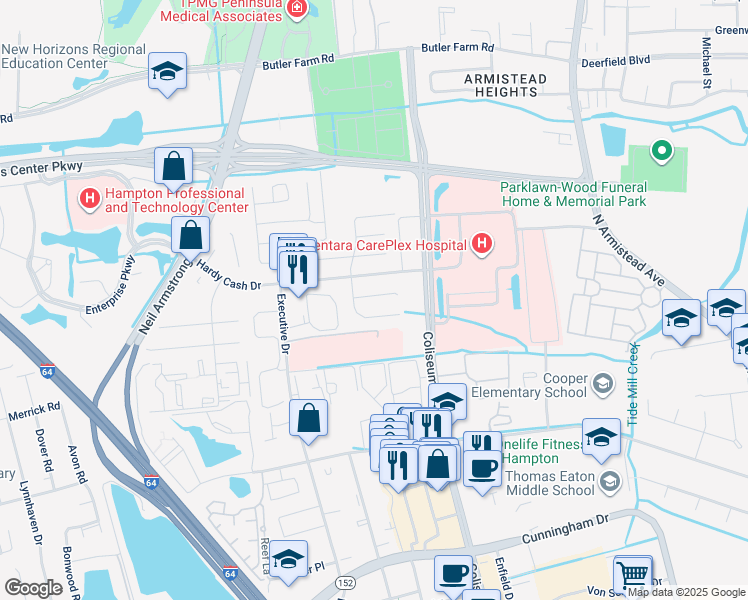 map of restaurants, bars, coffee shops, grocery stores, and more near 1313 Hardy Cash Drive in Hampton