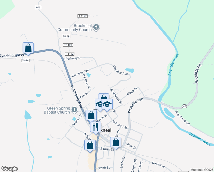 map of restaurants, bars, coffee shops, grocery stores, and more near 306 Marshall Street in Brookneal