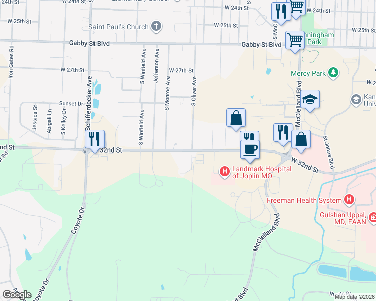 map of restaurants, bars, coffee shops, grocery stores, and more near 3134 South Oliver Avenue in Joplin