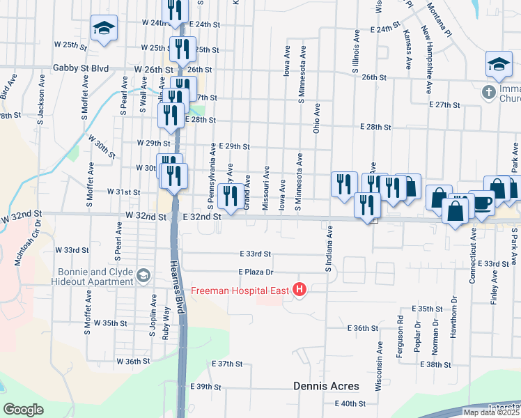 map of restaurants, bars, coffee shops, grocery stores, and more near 3118 Missouri Avenue in Joplin