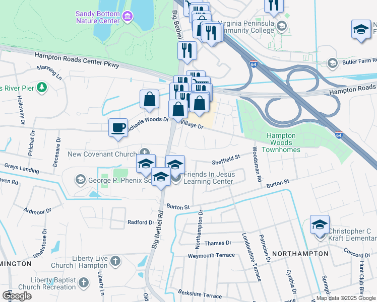 map of restaurants, bars, coffee shops, grocery stores, and more near 41 Timberline Drive in Hampton