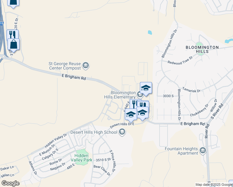 map of restaurants, bars, coffee shops, grocery stores, and more near 3155 South Hidden Valley Drive in St. George
