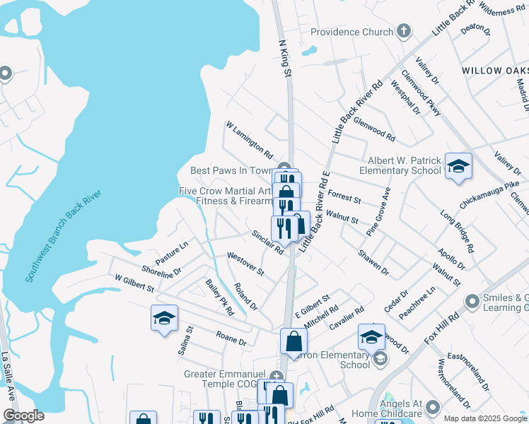 map of restaurants, bars, coffee shops, grocery stores, and more near 16 West Bayberry Court in Hampton