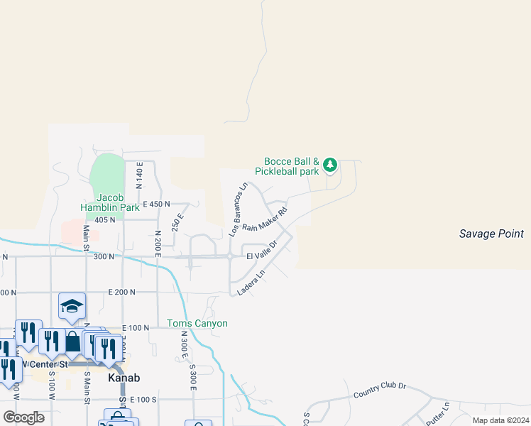 map of restaurants, bars, coffee shops, grocery stores, and more near 432 Los Barancos Lane in Kanab
