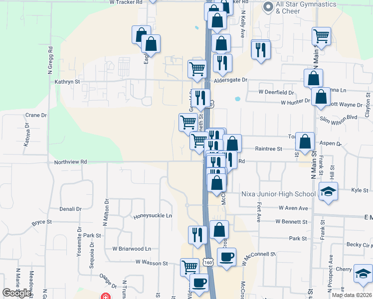 map of restaurants, bars, coffee shops, grocery stores, and more near 525 Northview Road in Nixa