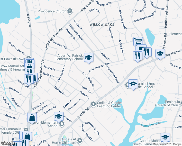 map of restaurants, bars, coffee shops, grocery stores, and more near 154 Chickamauga Pike in Hampton