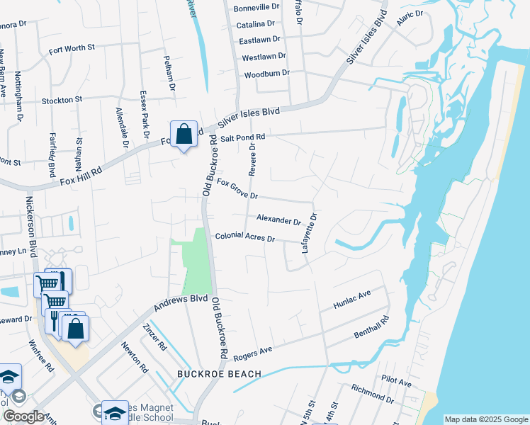 map of restaurants, bars, coffee shops, grocery stores, and more near 26 Fox Grove Drive in Hampton