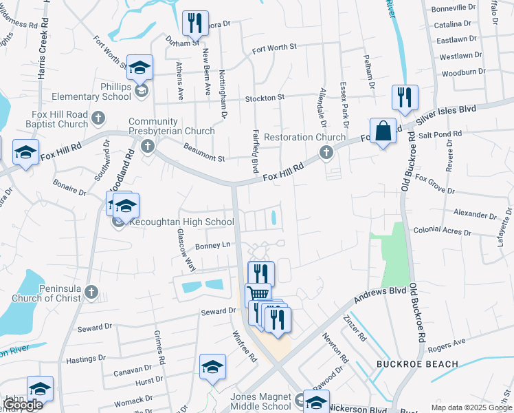 map of restaurants, bars, coffee shops, grocery stores, and more near 21 Lavender Trce in Hampton